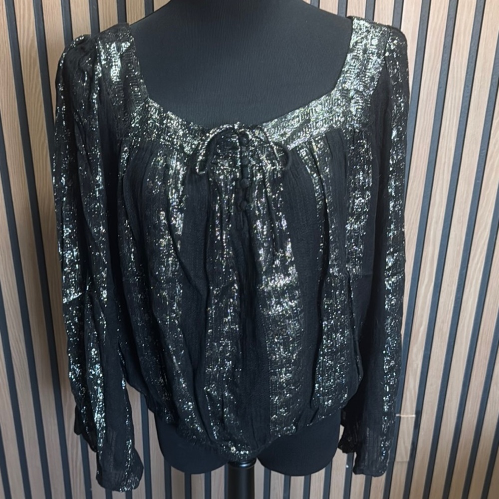 Express Black and Silver Tie Front Blouse
